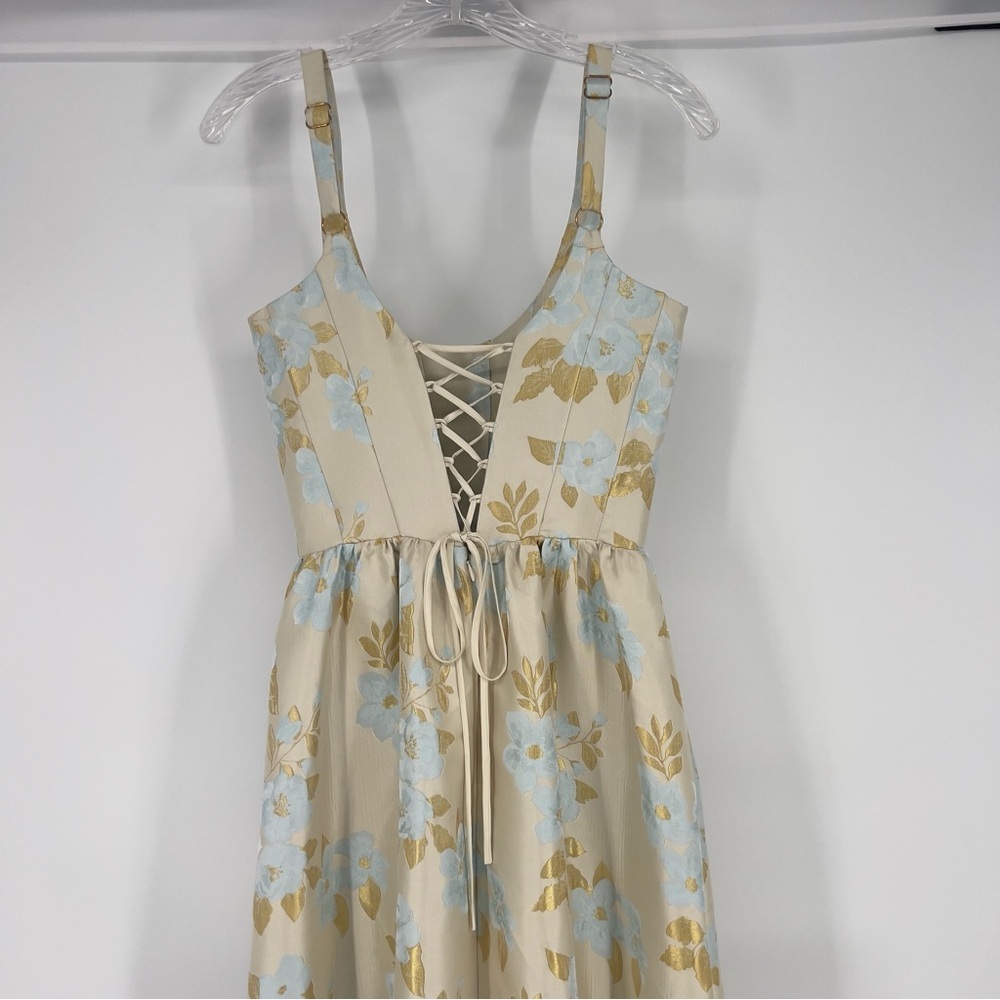 V. Chapman Avery Tiered A-Line Corset Formal Gown Dress in Sky Windsor Brocade 4 - Picture 8 of 11